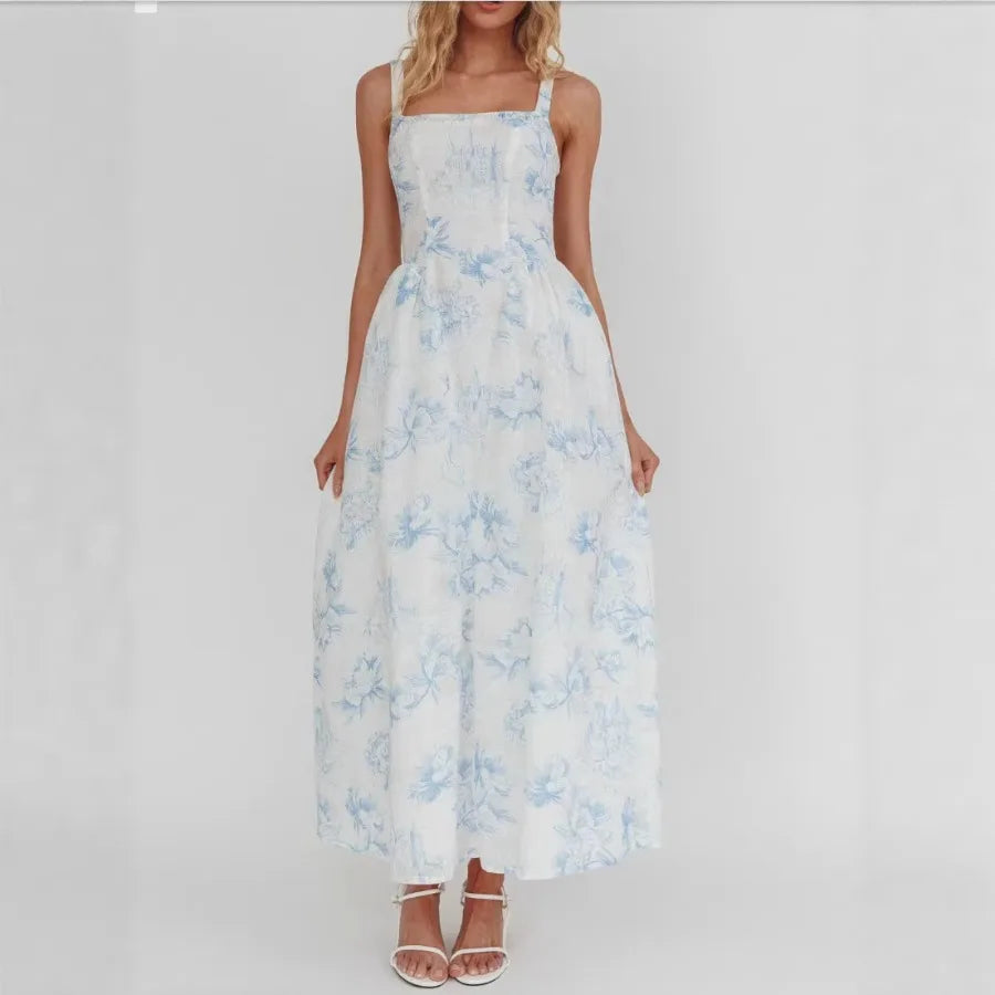 Fresh Floral Square Collar Waist Dress