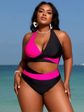 Black Hot Pink Color Block Halter Bikini Set
