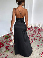 Black Satin Ruched Maxi Dress
