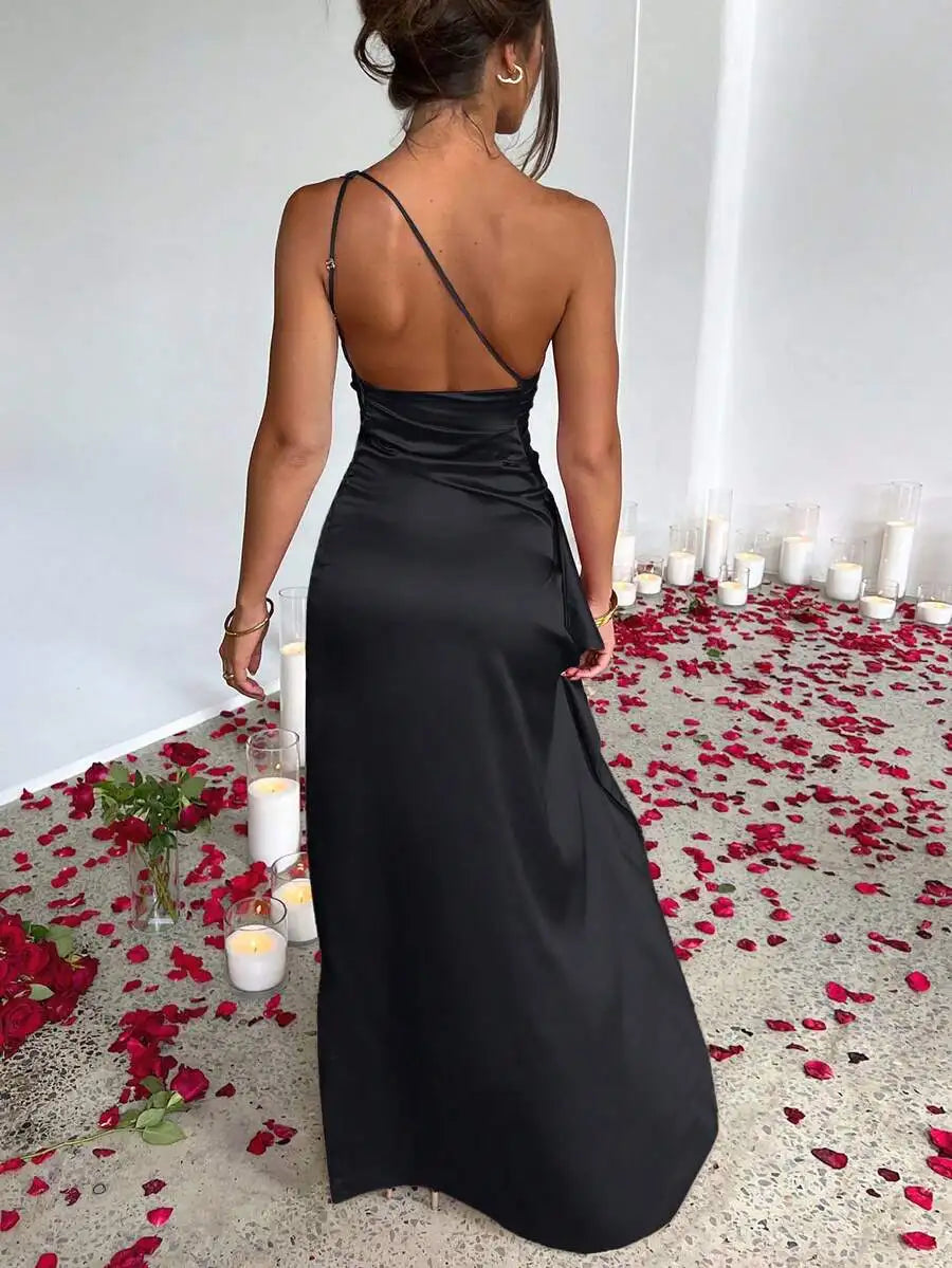 Black Satin Ruched Maxi Dress
