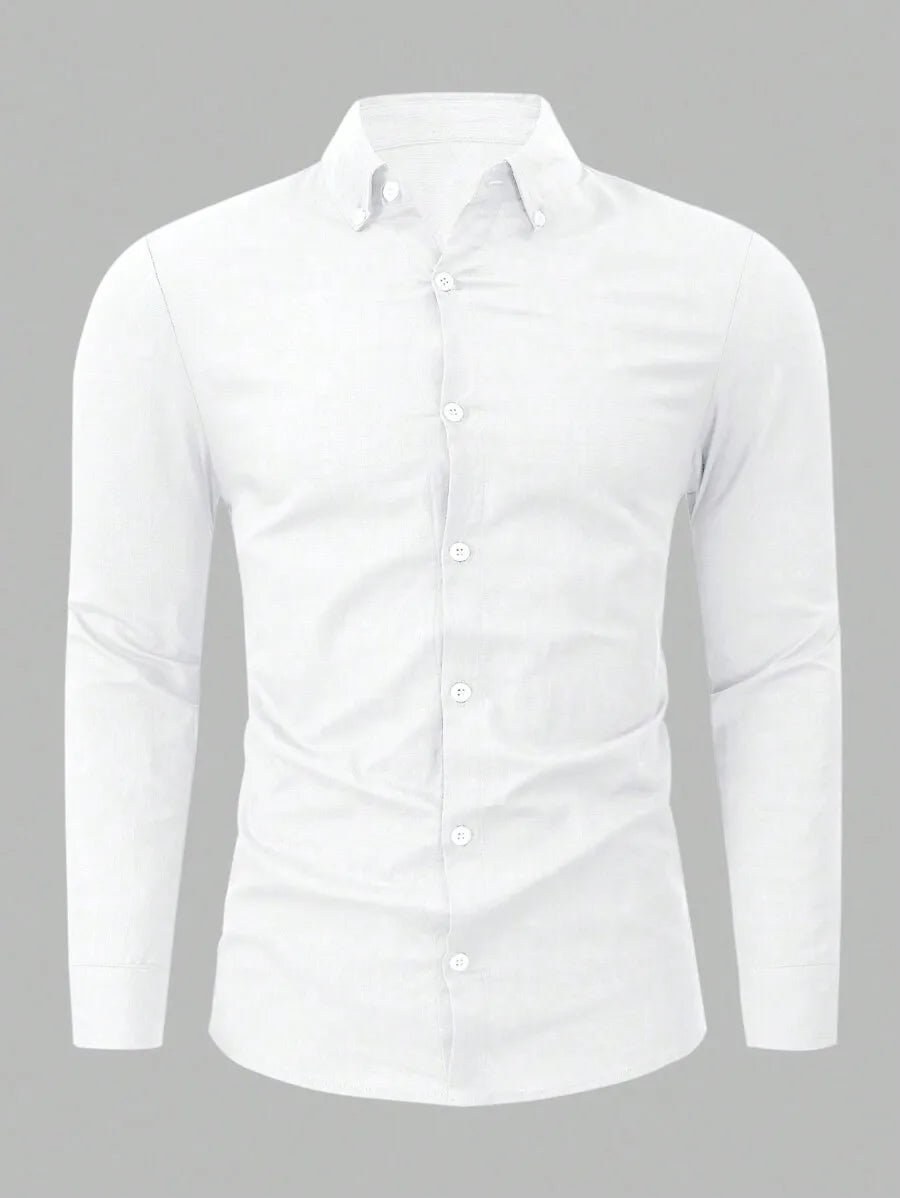 Solid Color Cotton Button-Down Long Sleeve Shirt