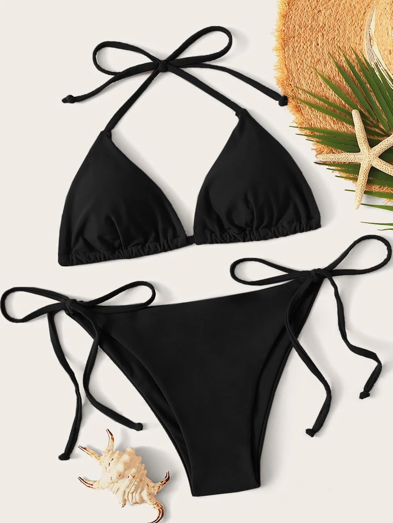 Solid Halter Triangle Bikini Set