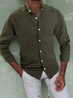 Solid Color Cotton Button-Down Long Sleeve Shirt