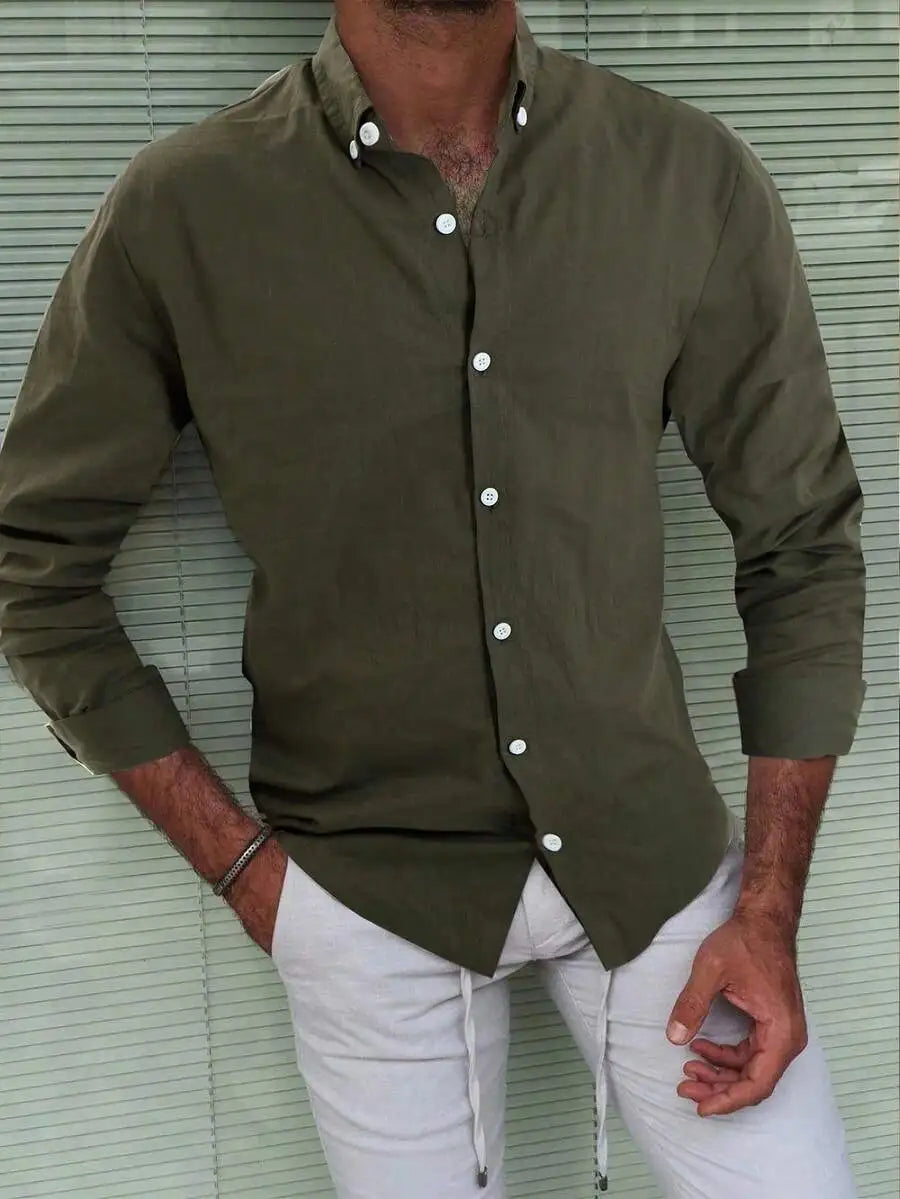 Solid Color Cotton Button-Down Long Sleeve Shirt