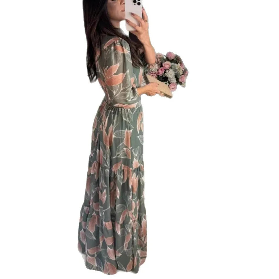 V-neck Elegant Printed Long Sleeve Dress