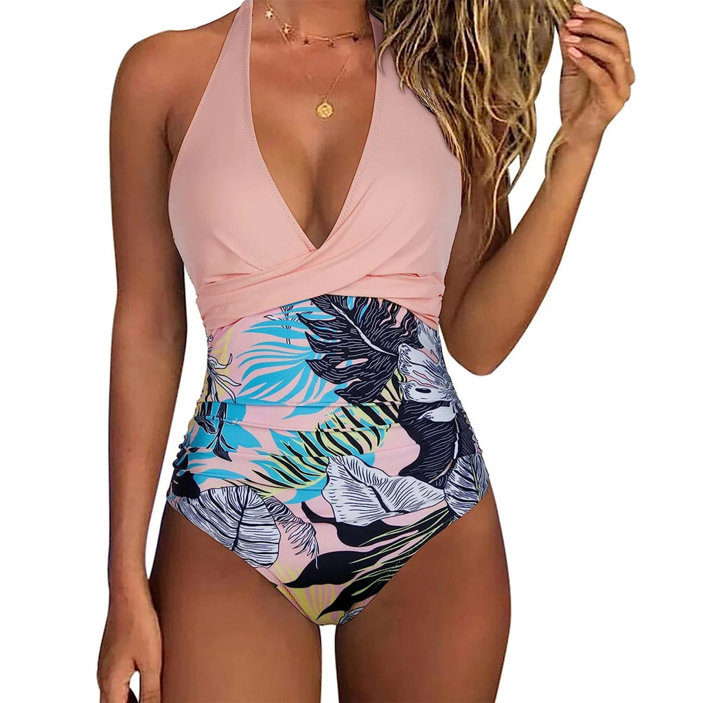 Cross Front Striped One Piece Halter Neck