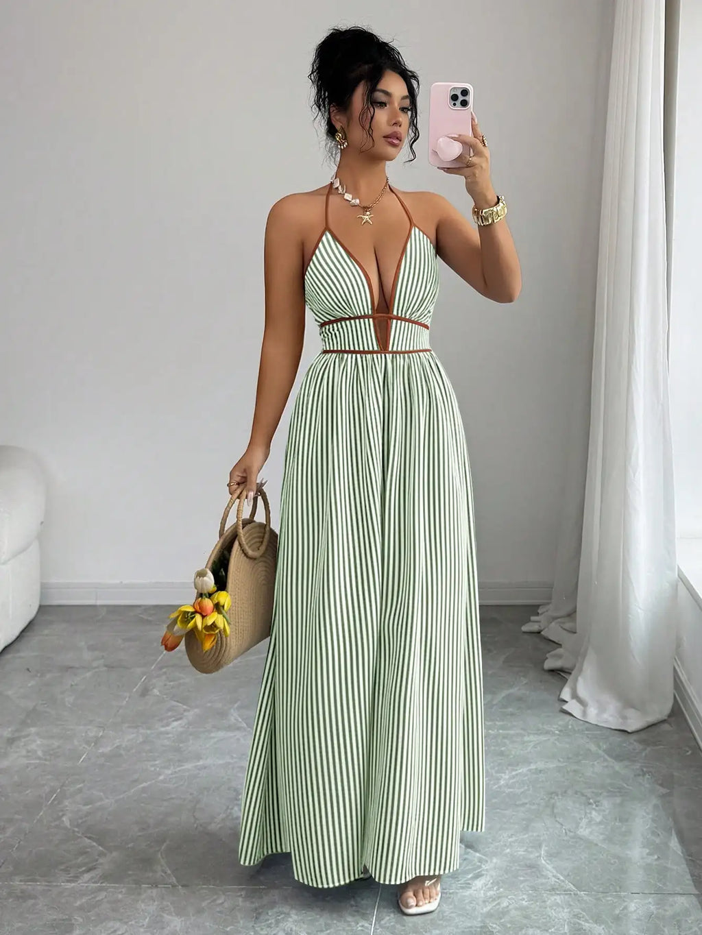 Striped Plunging Halter Maxi Dress