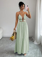 Striped Plunging Halter Maxi Dress