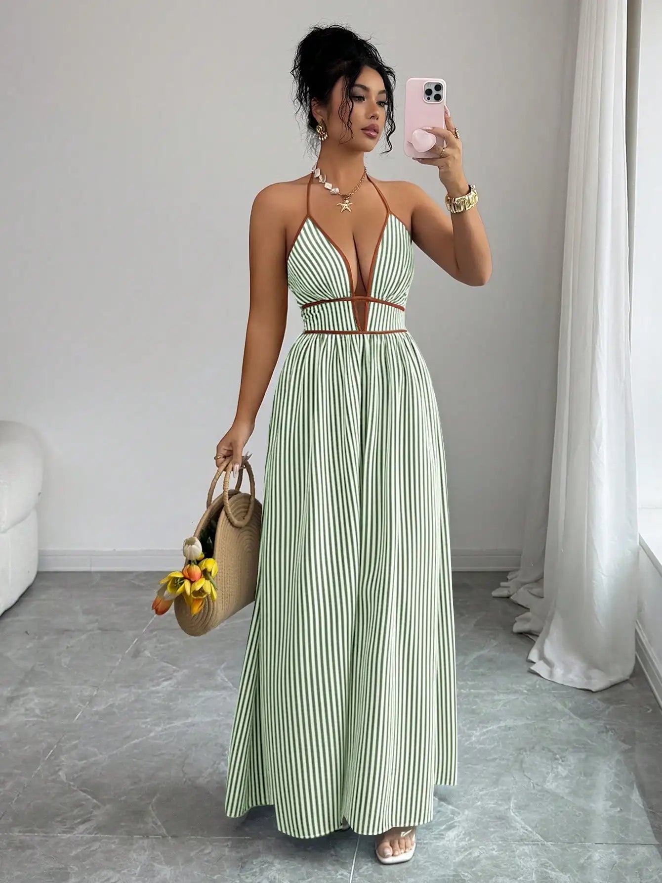 Striped Plunging Halter Maxi Dress