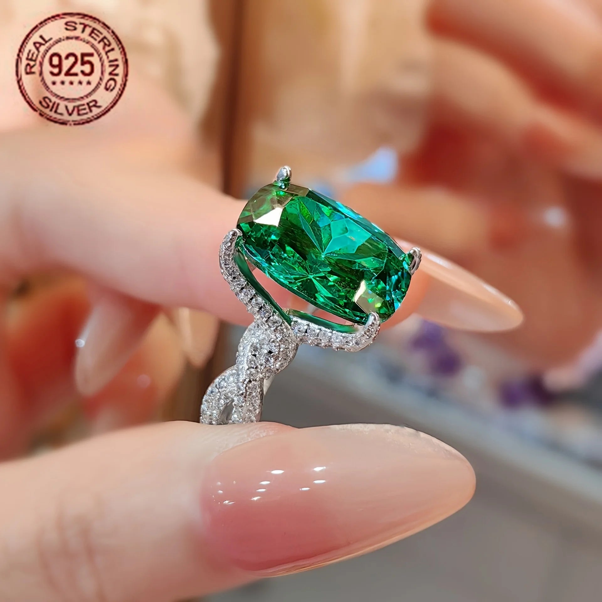 Cushion Cut Lab Grown Emerald Ring 925 Silver