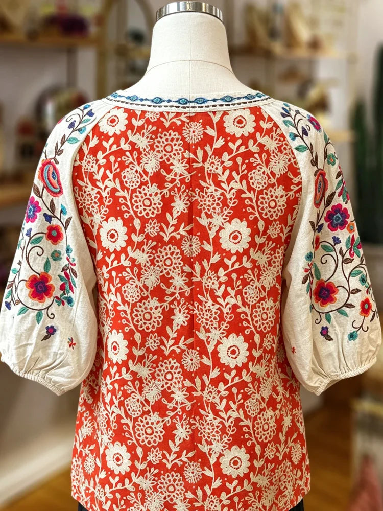 Vintage Red White Floral Peasant Top