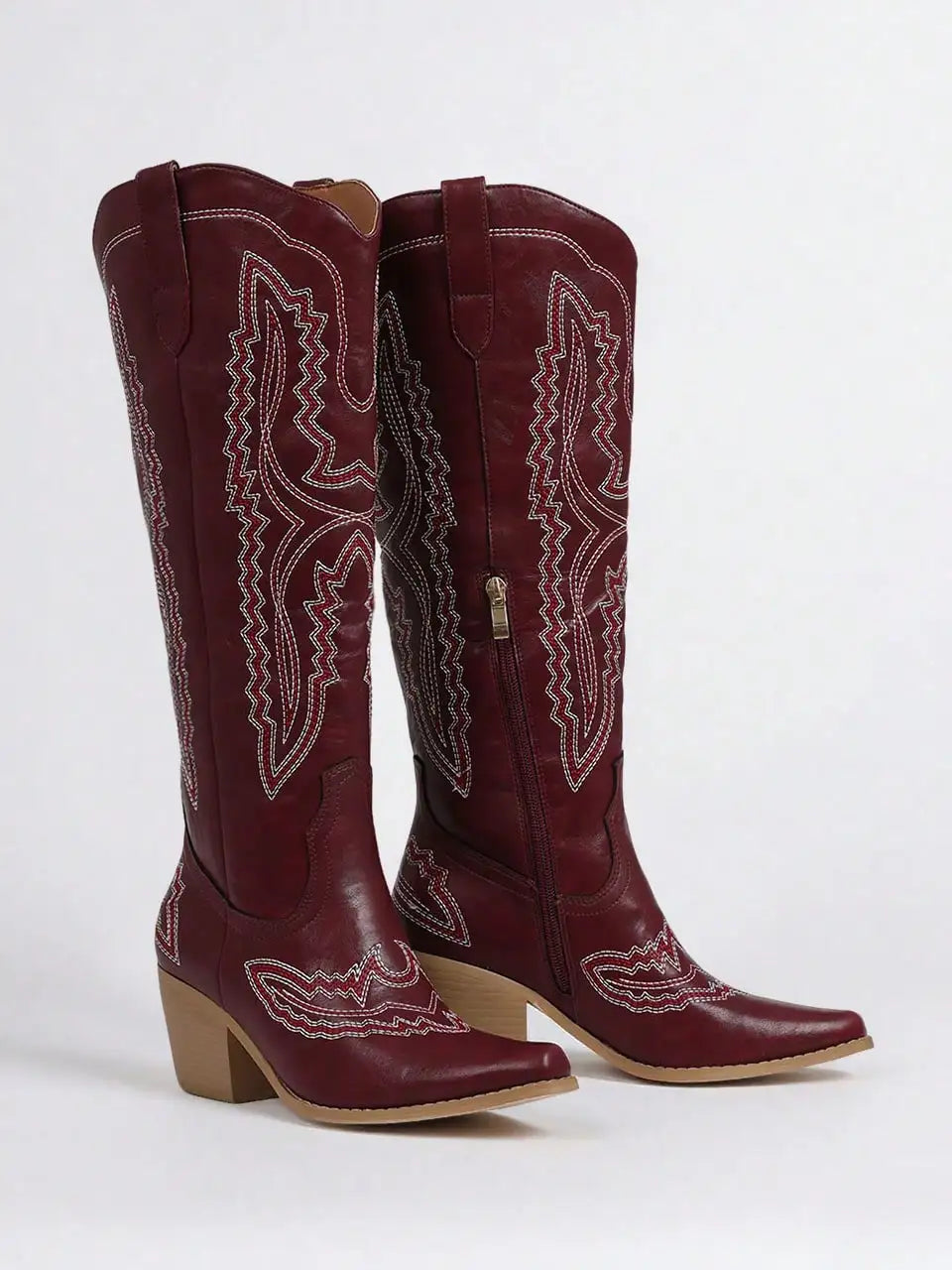 Embroidered Point Toe Chunky Heels Knee High Boots