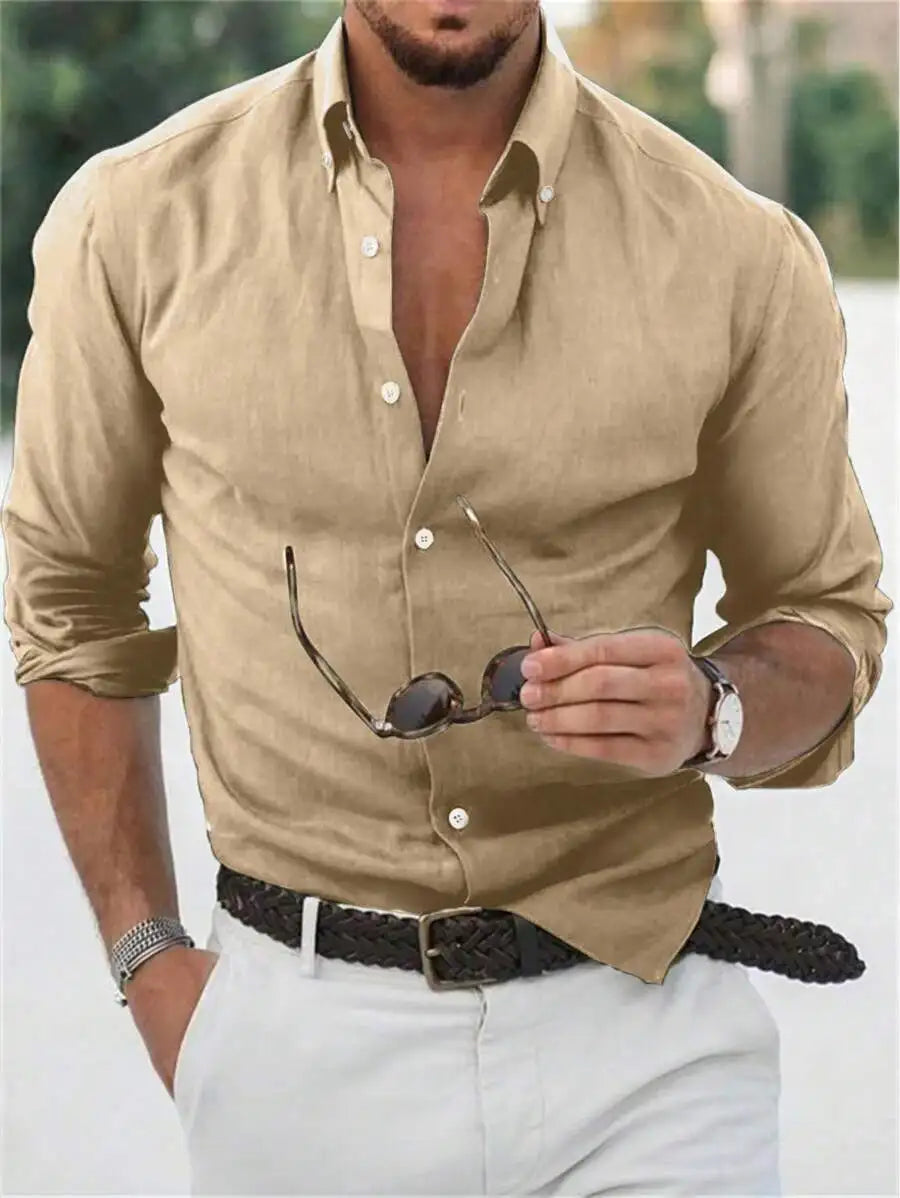 Solid Color Cotton Button-Down Long Sleeve Shirt