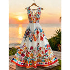 Multi-Color V-Neck  Sleeveless A-Line Dress