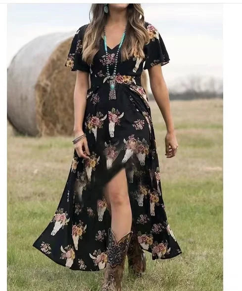 Cowgirls Short Sleeve Loose Maxi split Dress