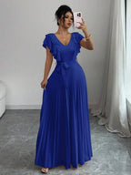 Ruffle Sleeve Pleated A-Line Maxi Dress