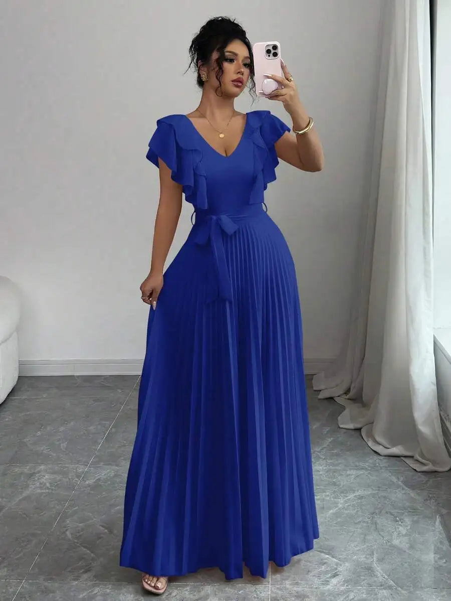 Ruffle Sleeve Pleated A-Line Maxi Dress