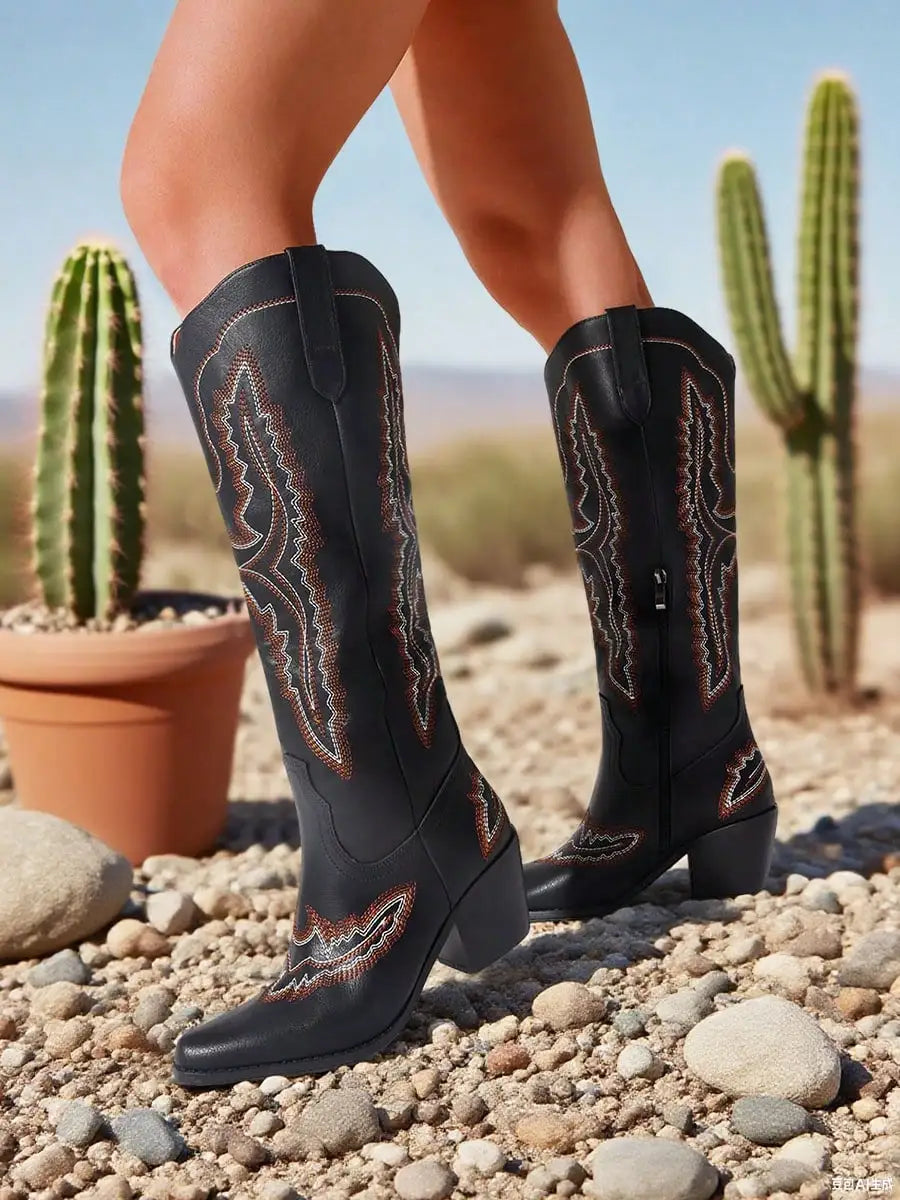 Embroidered Point Toe Chunky Heels Knee High Boots