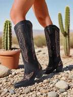 Embroidered Point Toe Chunky Heels Knee High Boots