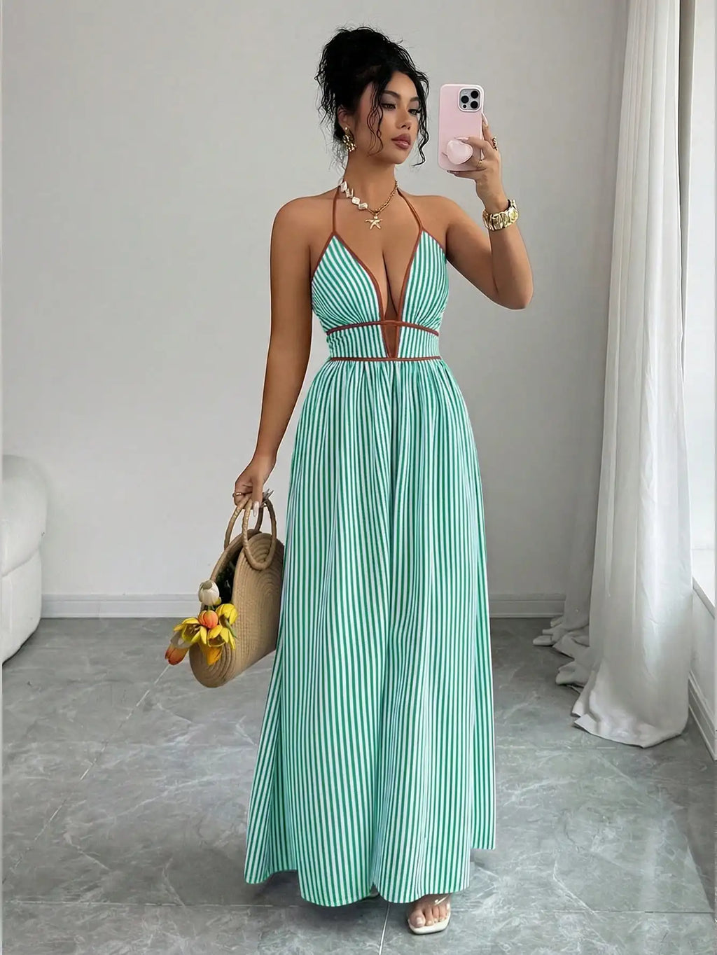 Striped Plunging Halter Maxi Dress