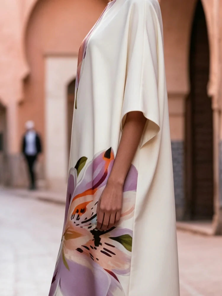 Ivory Satin Kaftan Midi Dress