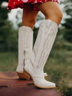 Embroidered Point Toe Chunky Heels Knee High Boots