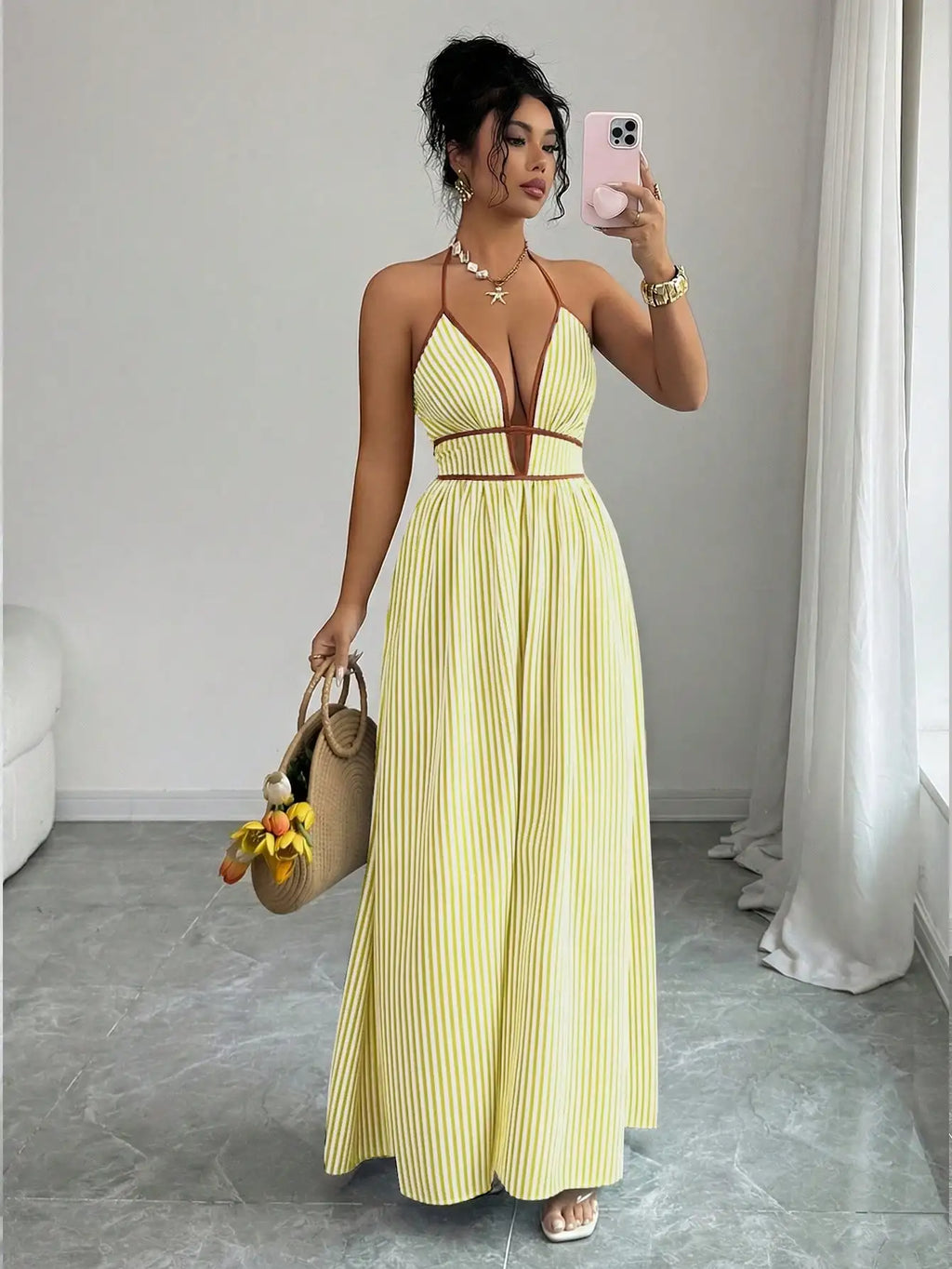 Striped Plunging Halter Maxi Dress