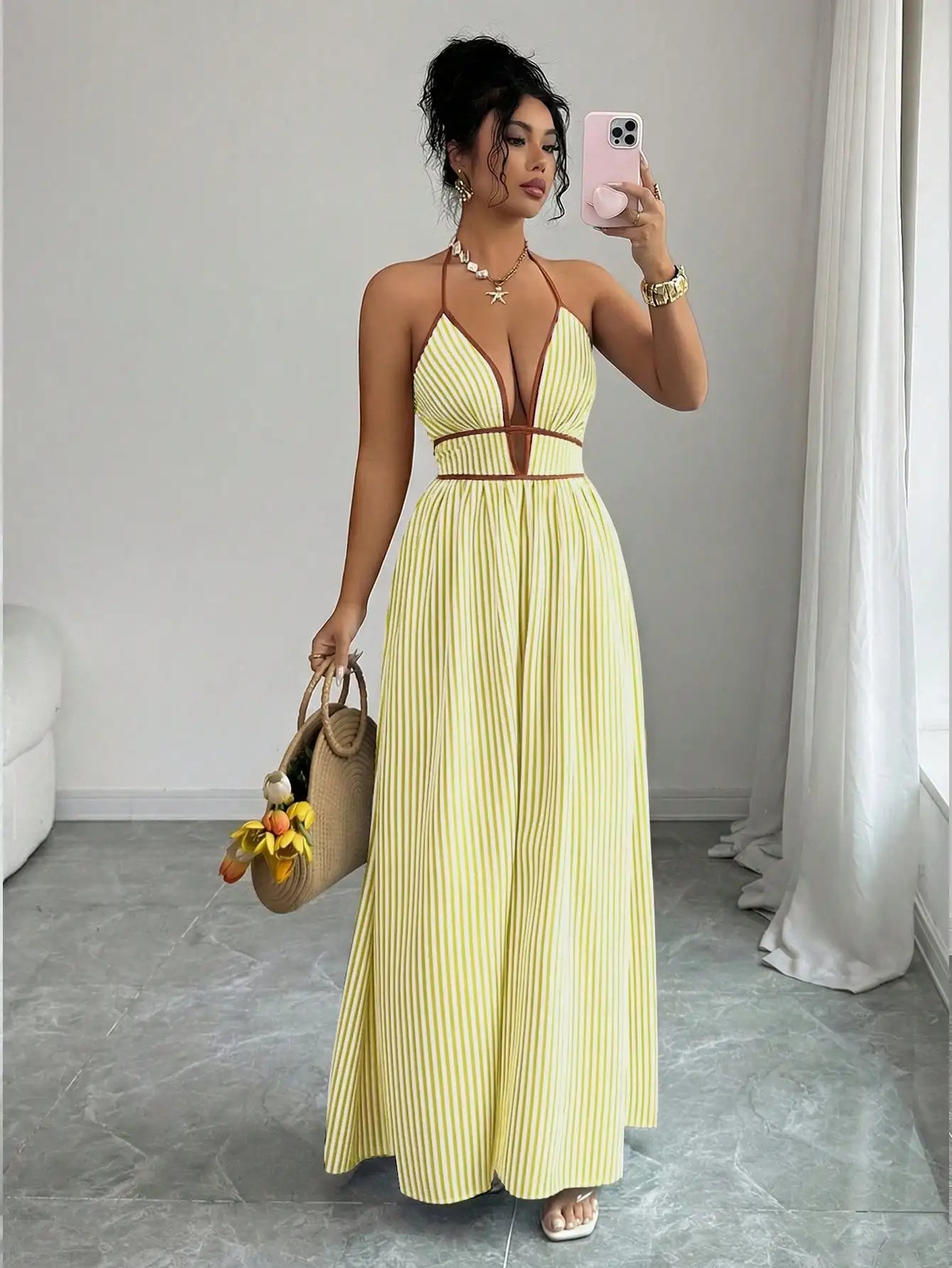 Striped Plunging Halter Maxi Dress