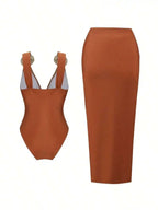 Swimsuit With Decorative Buckles And Matching Skirt