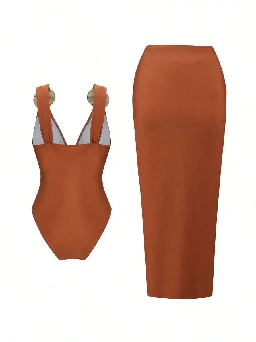 Swimsuit With Decorative Buckles And Matching Skirt