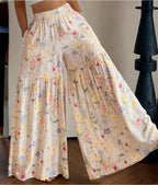 Pastel Floral Print Tiered Wide Leg Pants