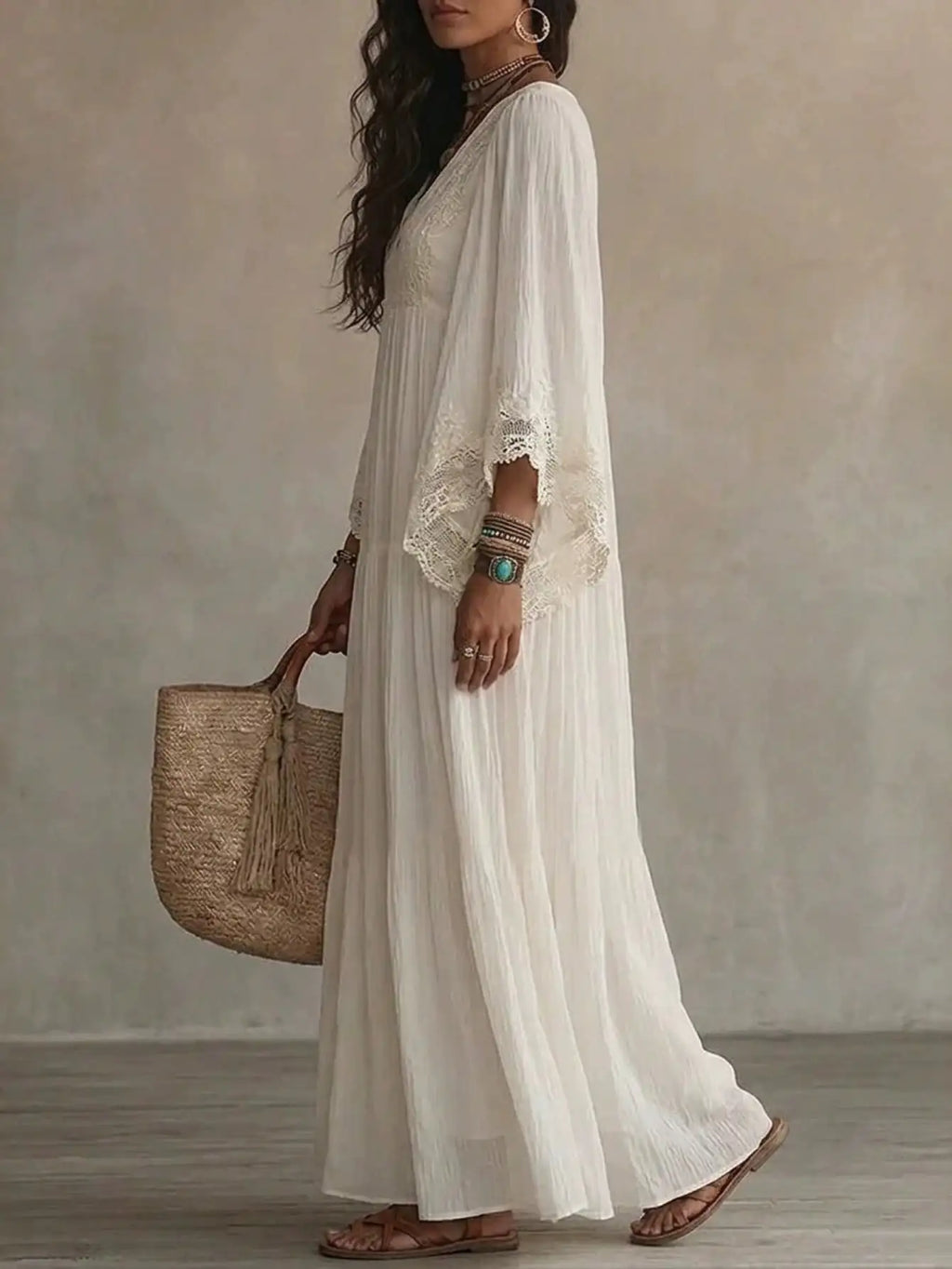 Women Solid Lace V Neck Maxi Dress