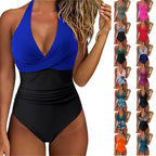 Cross Front Striped One Piece Halter Neck