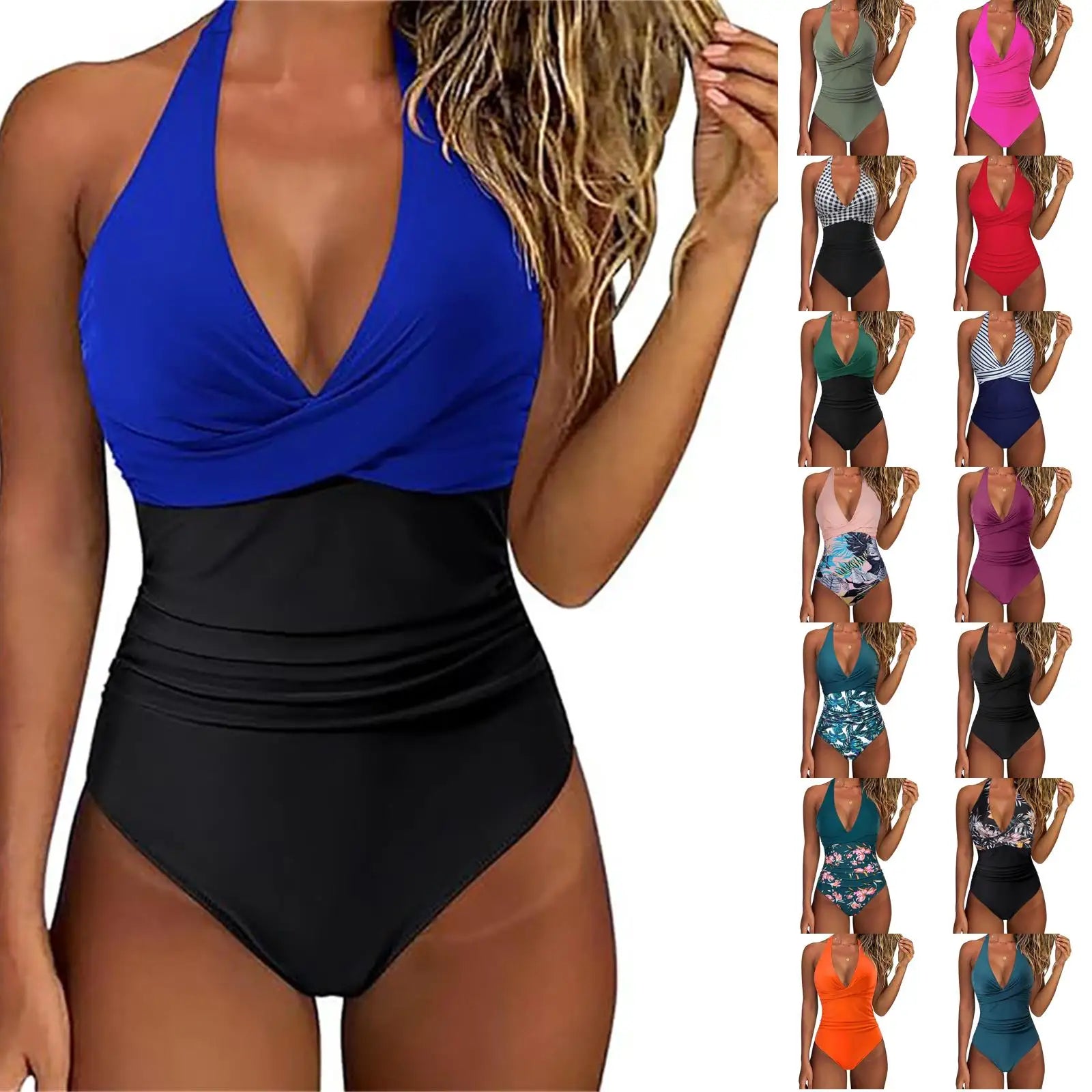 Cross Front Striped One Piece Halter Neck