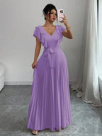 Ruffle Sleeve Pleated A-Line Maxi Dress