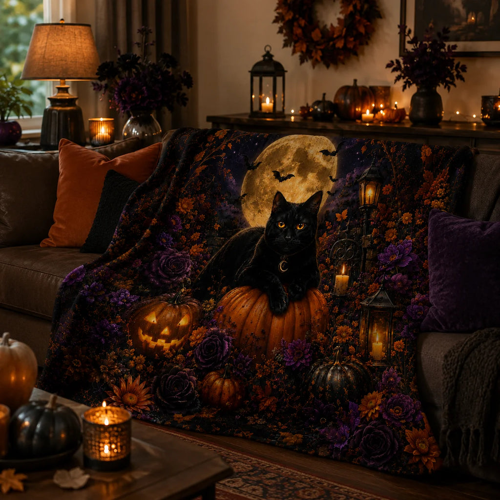 1pc Black Cat Halloween Flannel Fleece Throw Blanket, Full Moon, Pumpkins, Bats& Gothic Floral Print, Soft Cozy Lightweight Blanket for Couch, Bed& Sofa, Spooky Fall Home Decor and Gift for Cat Lovers