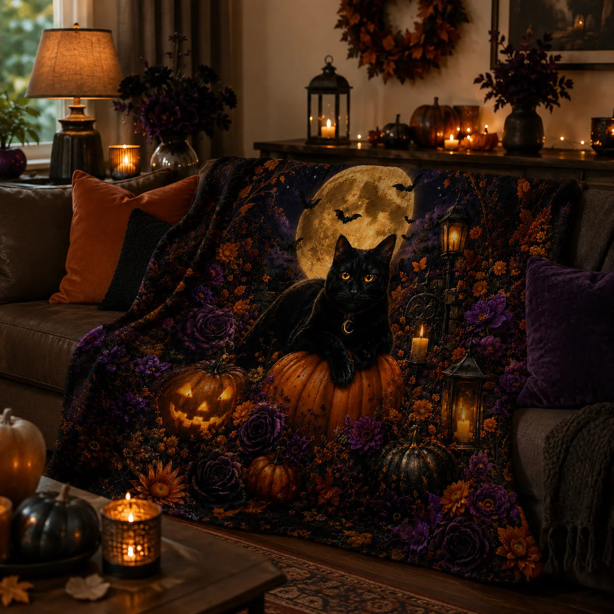 1pc Black Cat Halloween Flannel Fleece Throw Blanket, Full Moon, Pumpkins, Bats& Gothic Floral Print, Soft Cozy Lightweight Blanket for Couch, Bed& Sofa, Spooky Fall Home Decor and Gift for Cat Lovers