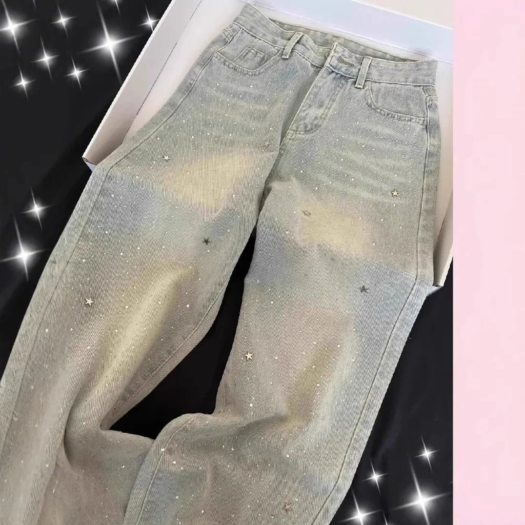Shiny Star Rhinestone Denim Pants