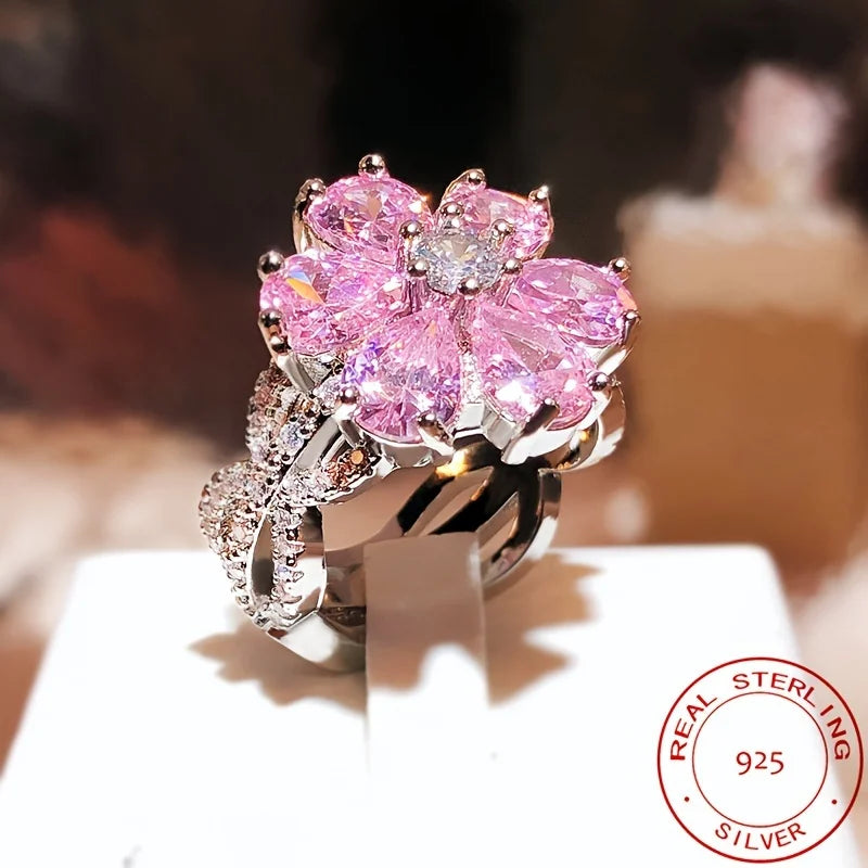 925 Silver Rings Dazzling Pink Flower