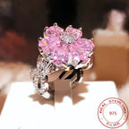 925 Silver Rings Dazzling Pink Flower